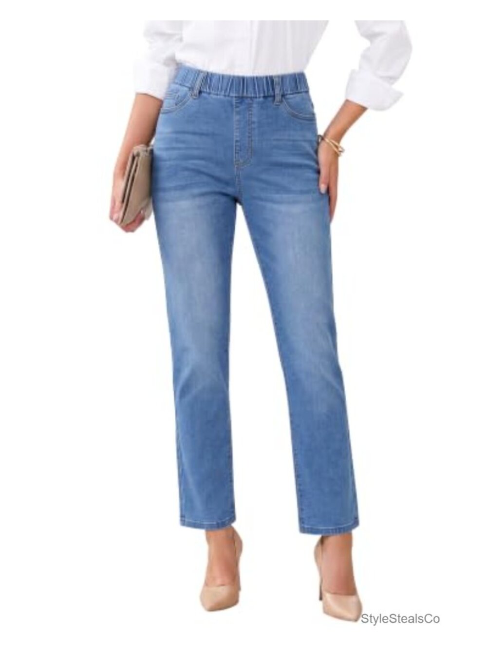 Straight Leg Pull On High Waisted Cropped Stretchy Denim Ankle Jeans